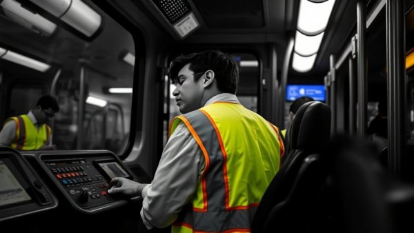 Muni driver asleep at the wheel in a dimly lit bus interior.