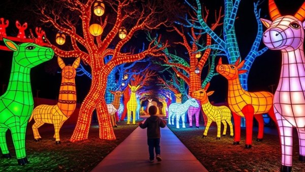 Vibrant Oakland Zoo Glowfari night display with sculptures.