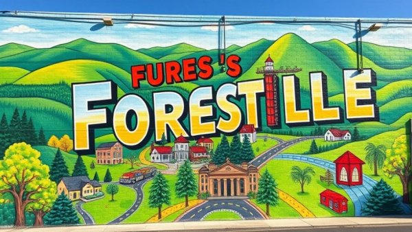 Artistic mural of Forestville California landmarks and nature.