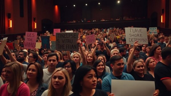 Supporters holding signs in a theater for Hong Kong film support.