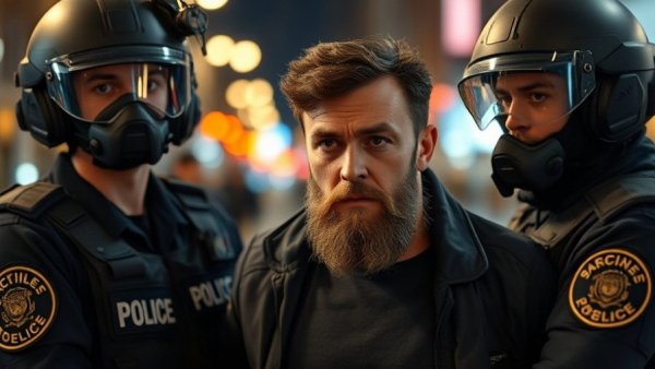 Police detaining man at UC Berkeley event, tense nighttime scene.