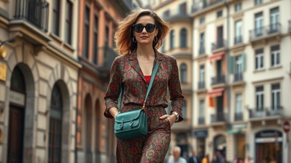 Woman in elevated weekend style walking on brick path.