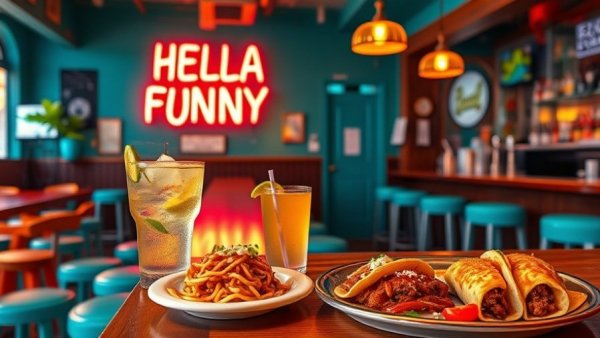 Vibrant Mezcal & Mole Comedy Night Oakland setting with neon sign.