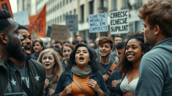 Protest scene at UC Berkeley with people holding signs.