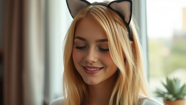 Utah Woman smiling softly indoors, cat ear headband.