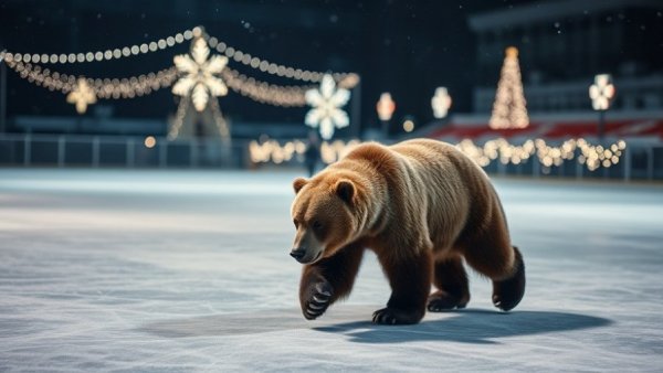 Tahoe bear on ice rink under fairy lights and snowflakes.