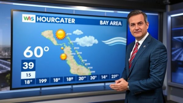 Weather forecast showing Bay Area temperatures with Level 2 storm alert.