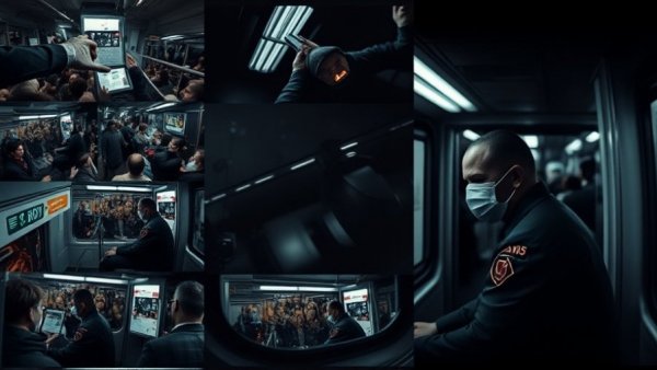 Operator fatigue and crowded muni train interior scene.