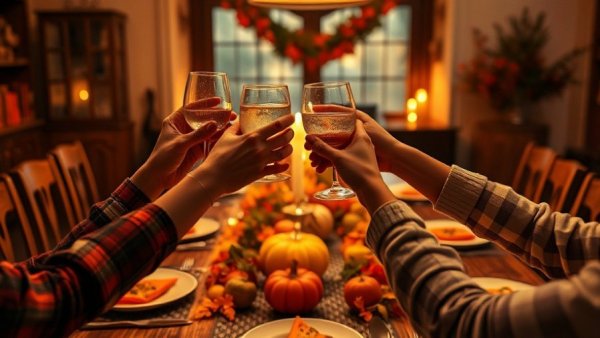 Thanksgiving table in Bay Area with a toast and festive setting.