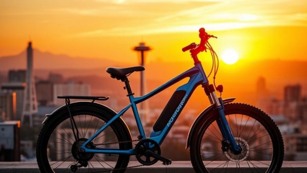 Rad Power Bikes Closure reflected with electric bike at sunset over city.
