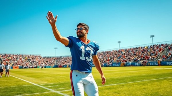 49ers Salute to Service event, player greets fans on a sunny field.
