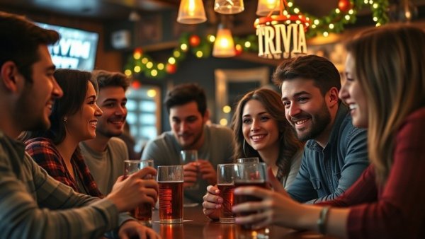 Group enjoying free trivia night in a San Francisco bar.
