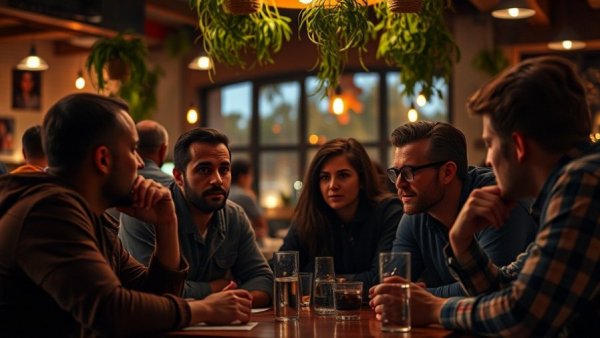 Group enjoying Black Hammer Trivia Night in a cozy café.