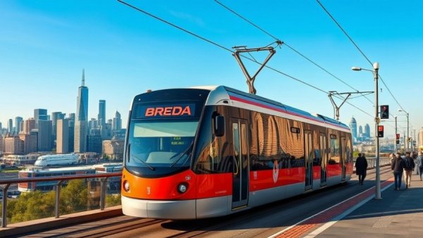 Breda train with people in Bay Area skyline backdrop.