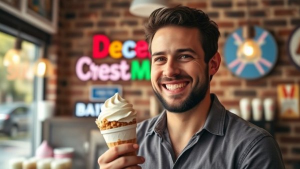 Man in ice cream shop holding three ice cream cups.