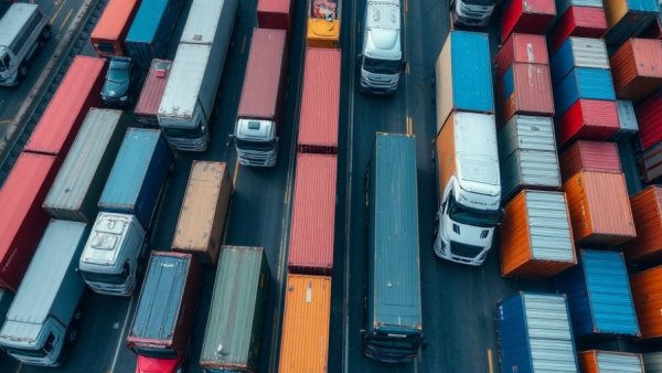 Congested semi-trucks and containers at a port reflecting California's policy on driver licenses.