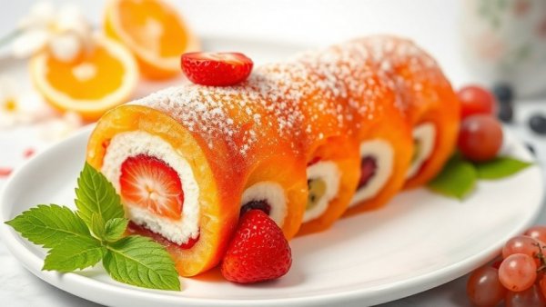 Japanese fruit roll cake with fresh fruits, beautifully plated.