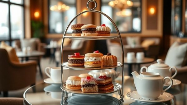 Afternoon tea setup with tiered tray in Bay Area lounge.