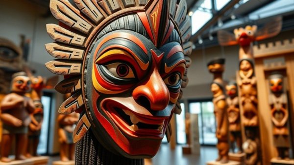 Vibrant Indigenous carvings and mask in Vancouver museum display.