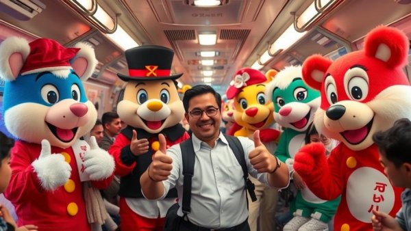 College Transit Challenge mascots and man on train