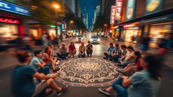 16th & Mission open mic gathering with chalk art, no mic in sight.