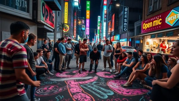 16th & Mission Open Mic, vibrant urban night scene with chalk art and crowd.
