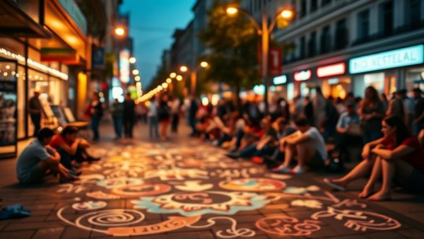 Blurred night gathering with chalk art at 16th & Mission Open Mic.