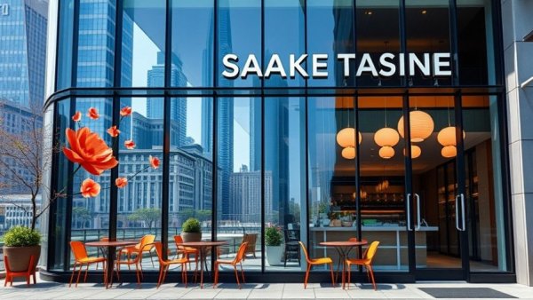 Sake tasting venue in San Francisco with modern glass design.