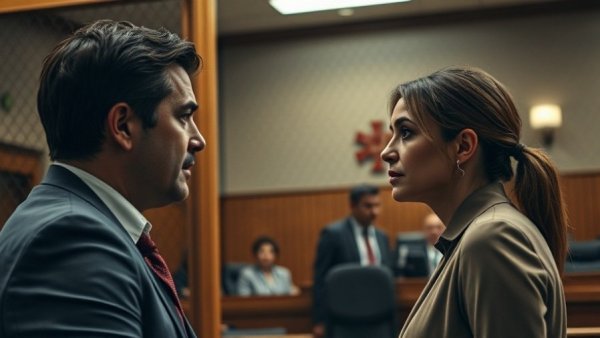 Tense courtroom scene with two people talking through a metal mesh.