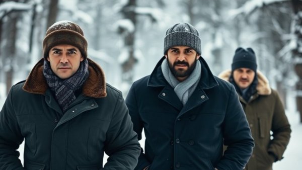 A Very Jonas Christmas scene with three men in winter attire walking.