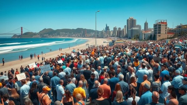 San Francisco political recall event with diverse crowd on beach.