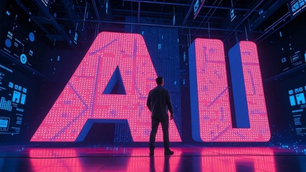 Futuristic AI display with observer in cyber theme.