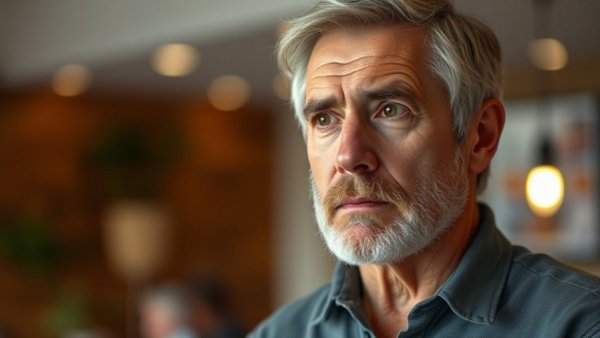 Serious older male contemplating fundraising shutdown, blurred background.