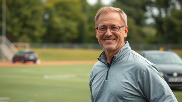 Football coach smiling confidently on a field, natural setting.