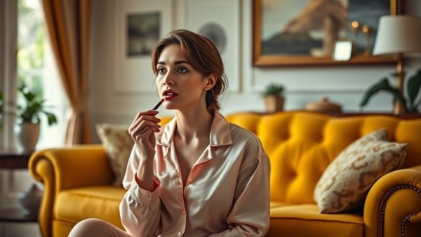 Elegant woman applying lipstick in cozy setting, Holiday Beauty Gift Sets.