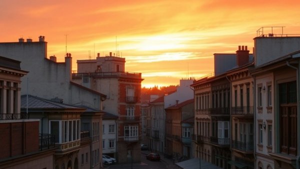 Urban sunset highlighting vintage architecture and vibrant sky.