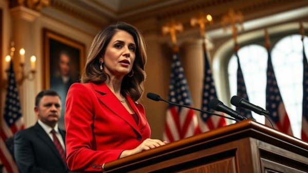 Kim Guilfoyle in a red outfit speaking at a podium with an attentive onlooker, U.S. flags in background.