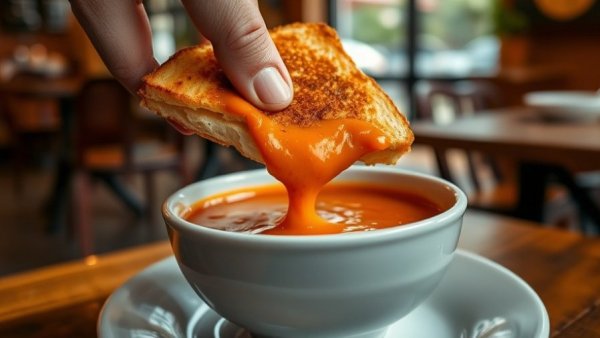 Quik Dog dining experience with grilled cheese and soup close-up.