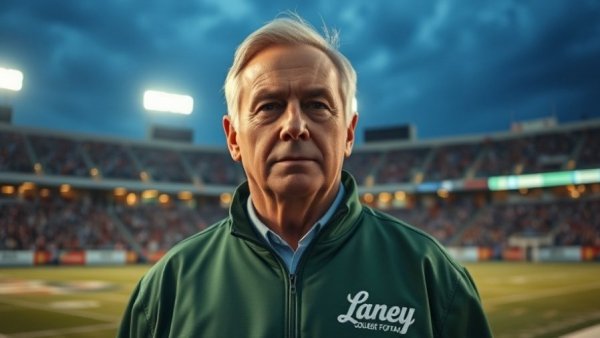 Football coach on field with focused look in stadium, Oakland.