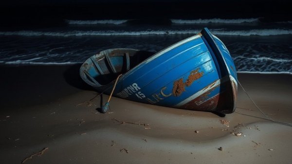 Damaged migrant boat capsizes off San Diego beach at night.