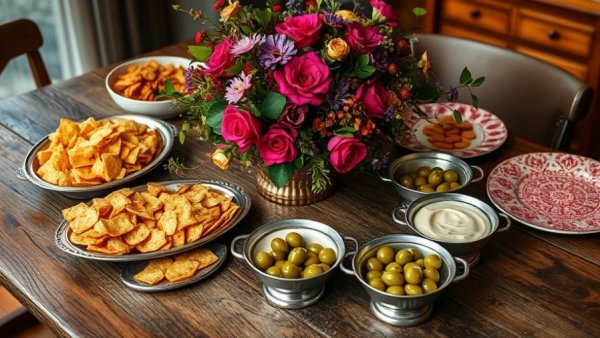 Festive holiday entertaining essentials on rustic table.