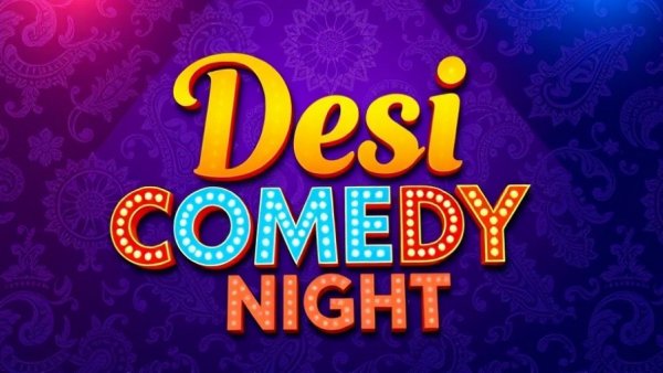 Vibrant Desi Comedy Night promotional poster with paisley background.