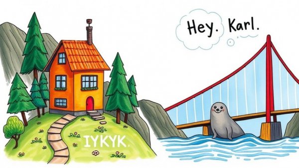 Whimsical cartoon of orange house on hill and bridge with seal in water.