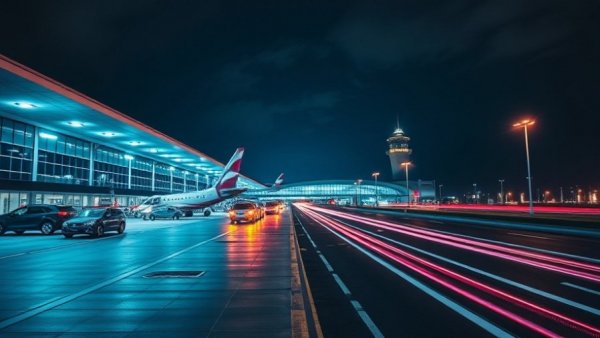 San Jose Airport terminal night view with vehicle light trails.
