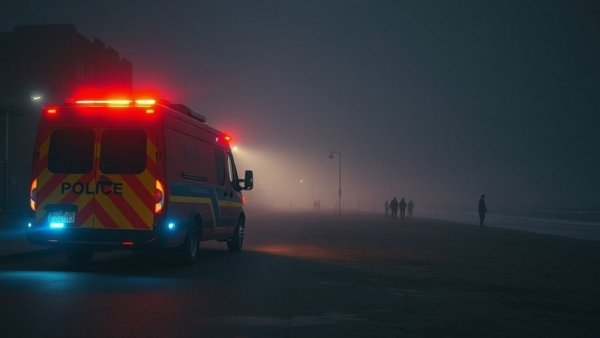 Contrasting emergency scene and calm beach at Ocean Beach.