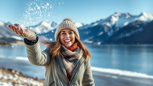 Woman enjoying Lake Tahoe winter activities on snowy beach.