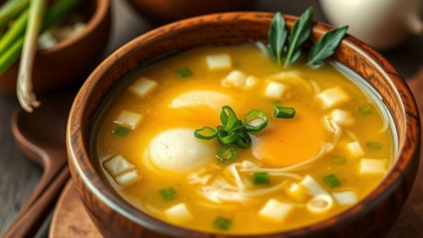 Enoki egg drop soup with green onions in a wooden bowl.