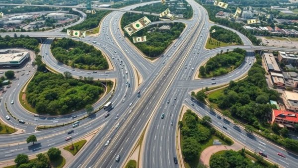 Biden Infrastructure Bill Highway Spending visualized with floating money over a highway interchange.
