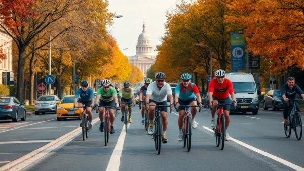 Cyclists on city street with landmark and autumn trees, Transportation Politics in San Francisco