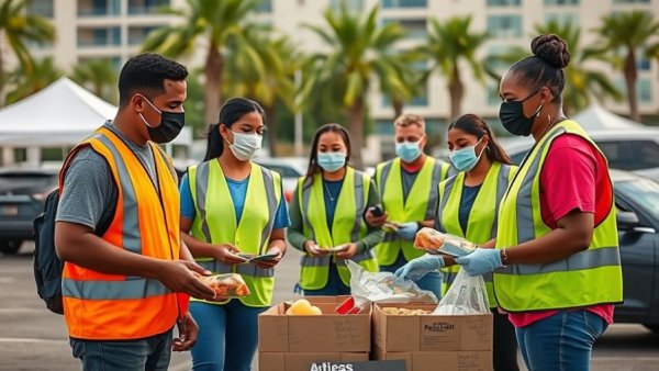 Community volunteers distributing food, highlighting civil society over bureaucracy.